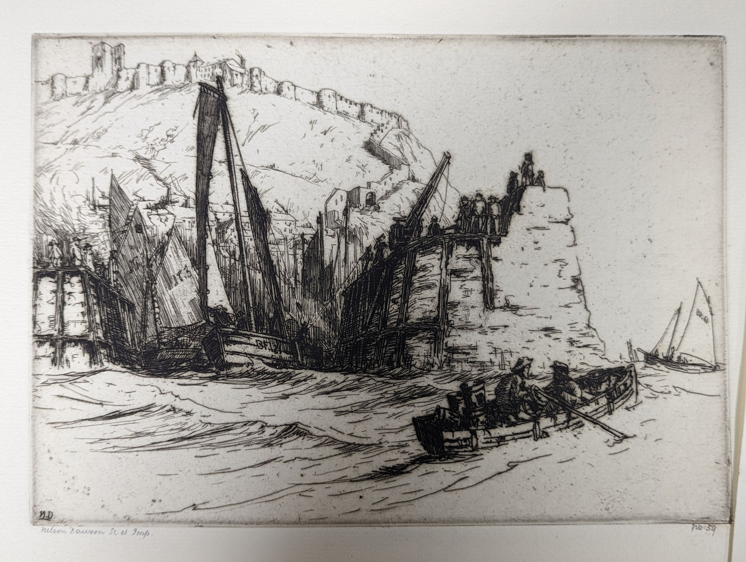 Nelson Dawson (1859-1941), six assorted etchings and an original sketch